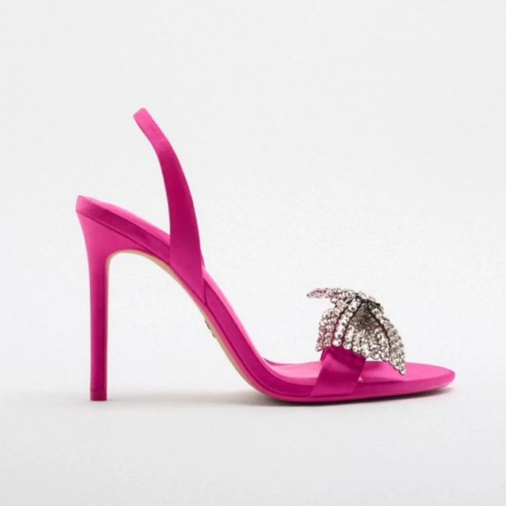 Zara Fuchsia Embellished Bow High Heel Slingbacks - Picture 2 of 13